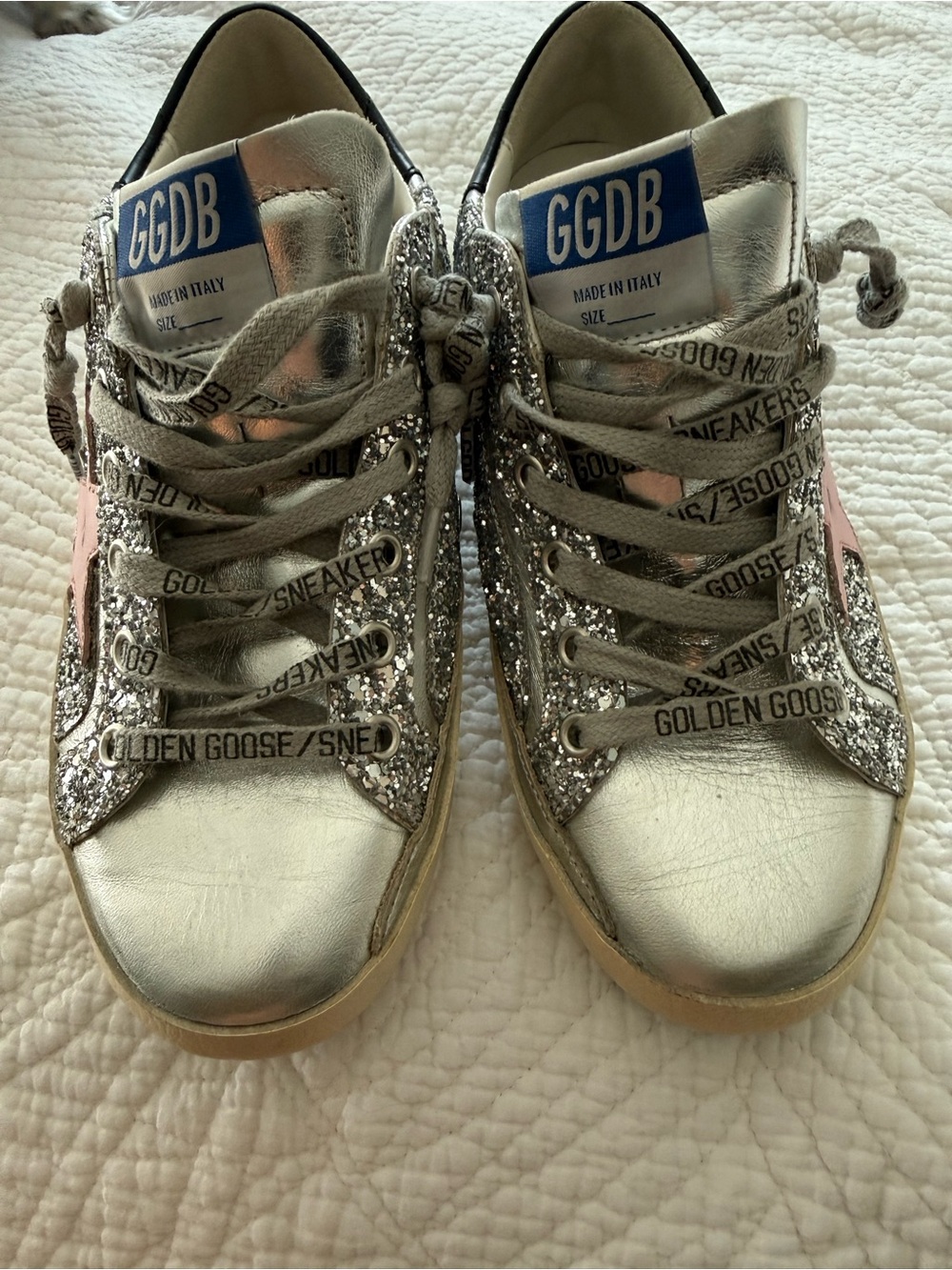 Golden Goose womens Silver & Pink Glitter Superstar Sneakers